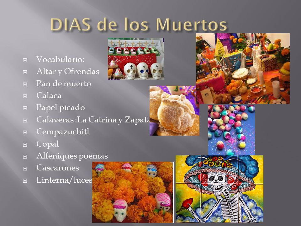 DIAS de los Muertos Vocabulario: Altar y Ofrendas Pan de muerto Calaca