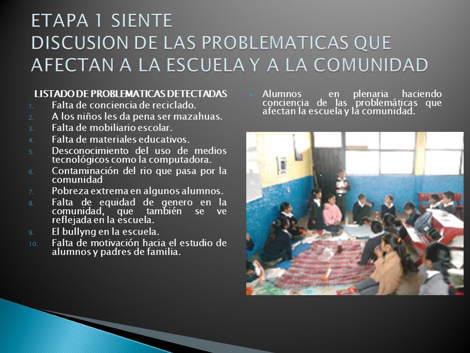 ETAPA 1 SIENTE DISCUSION DE LAS PROBLEMATICAS QUE AFECTAN A LA ESCUELA Y A LA COMUNIDAD