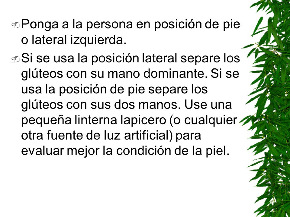 Ponga a la persona en posición de pie o lateral izquierda.