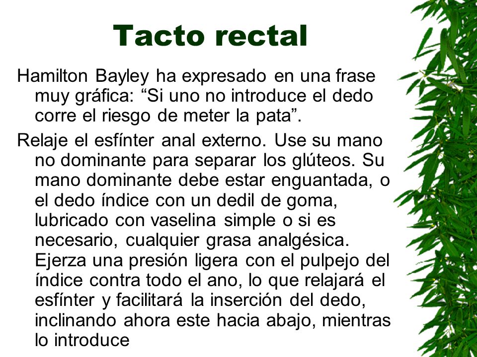 Tacto rectal Hamilton Bayley ha expresado en una frase muy gráfica: Si uno no introduce el dedo corre el riesgo de meter la pata .