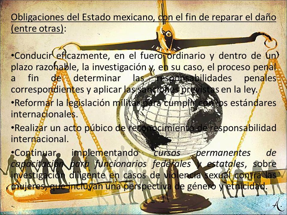 Obligaciones del Estado mexicano, con el fin de reparar el daño (entre otras):