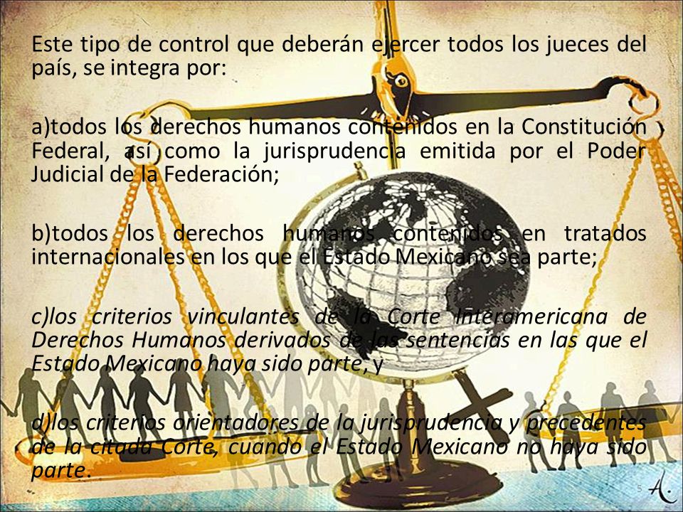 Este tipo de control que deberán ejercer todos los jueces del país, se integra por:
