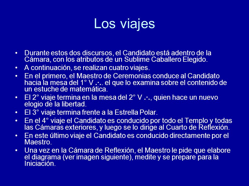 Los viajes Durante estos dos discursos, el Candidato está adentro de la Cámara, con los atributos de un Sublime Caballero Elegido.
