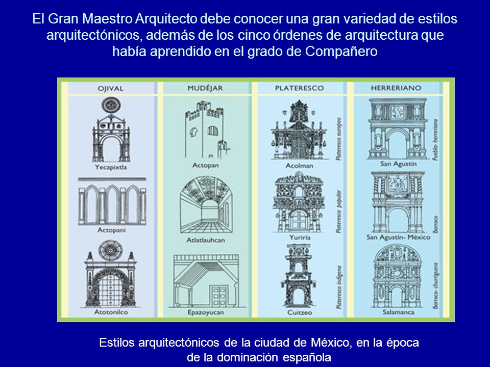El Gran Maestro Arquitecto debe conocer una gran variedad de estilos arquitectónicos, además de los cinco órdenes de arquitectura que había aprendido en el grado de Compañero