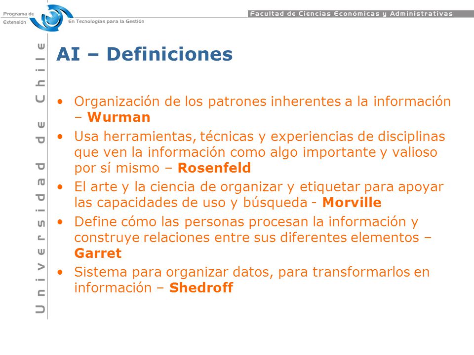 AI – Definiciones Organización de los patrones inherentes a la información – Wurman.