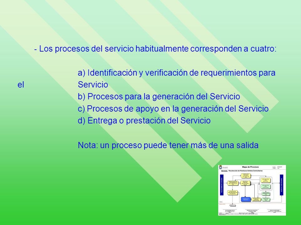 - Los procesos del servicio habitualmente corresponden a cuatro: