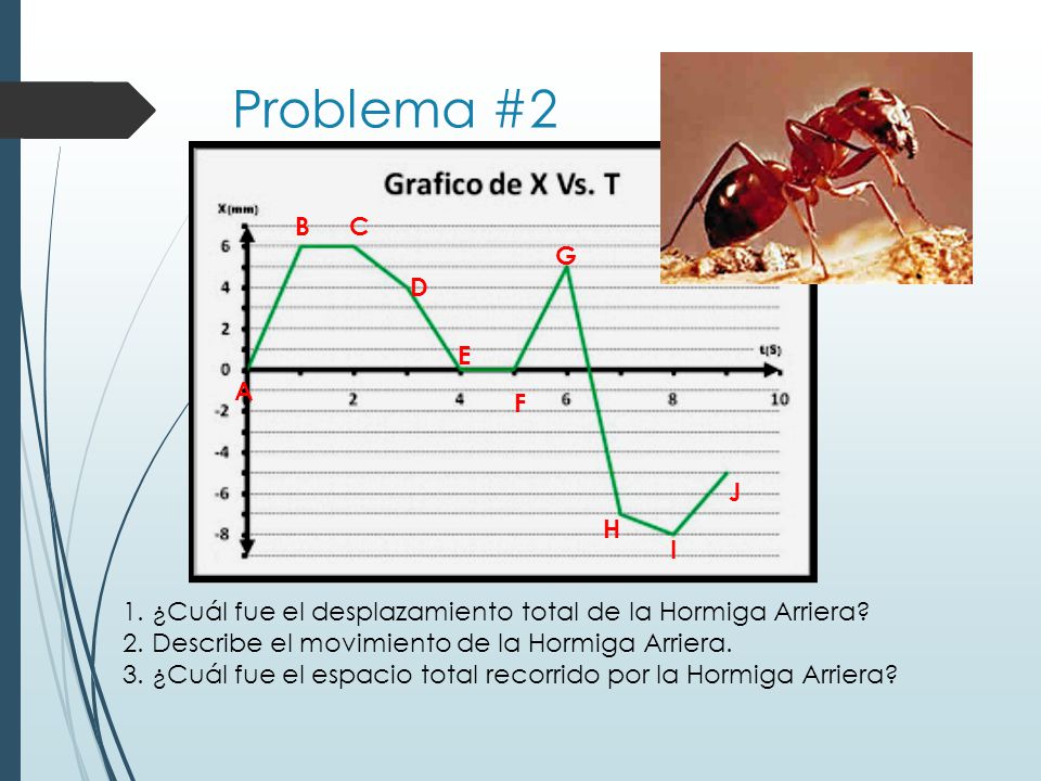 Problema #2 B. C. G. D. E. A. F. J. H. I. 1. ¿Cuál fue el desplazamiento total de la Hormiga Arriera
