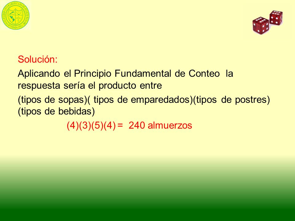 Solución: Aplicando el Principio Fundamental de Conteo la respuesta sería el producto entre (tipos de sopas)( tipos de emparedados)(tipos de postres) (tipos de bebidas) (4)(3)(5)(4) = 240 almuerzos