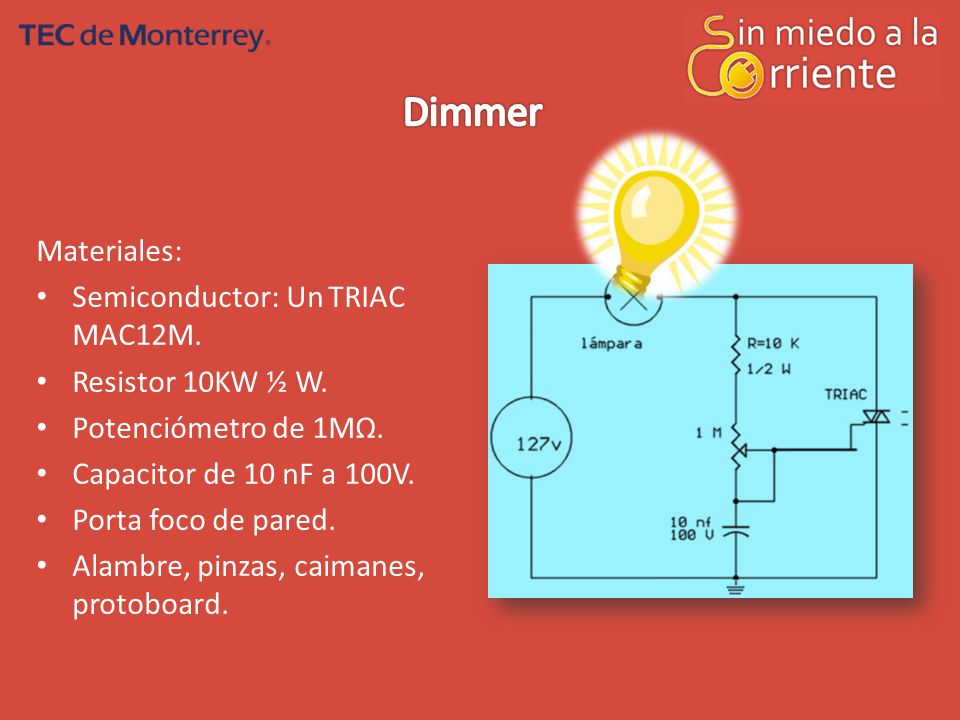 Dimmer Materiales: Semiconductor: Un TRIAC MAC12M. Resistor 10KW ½ W.