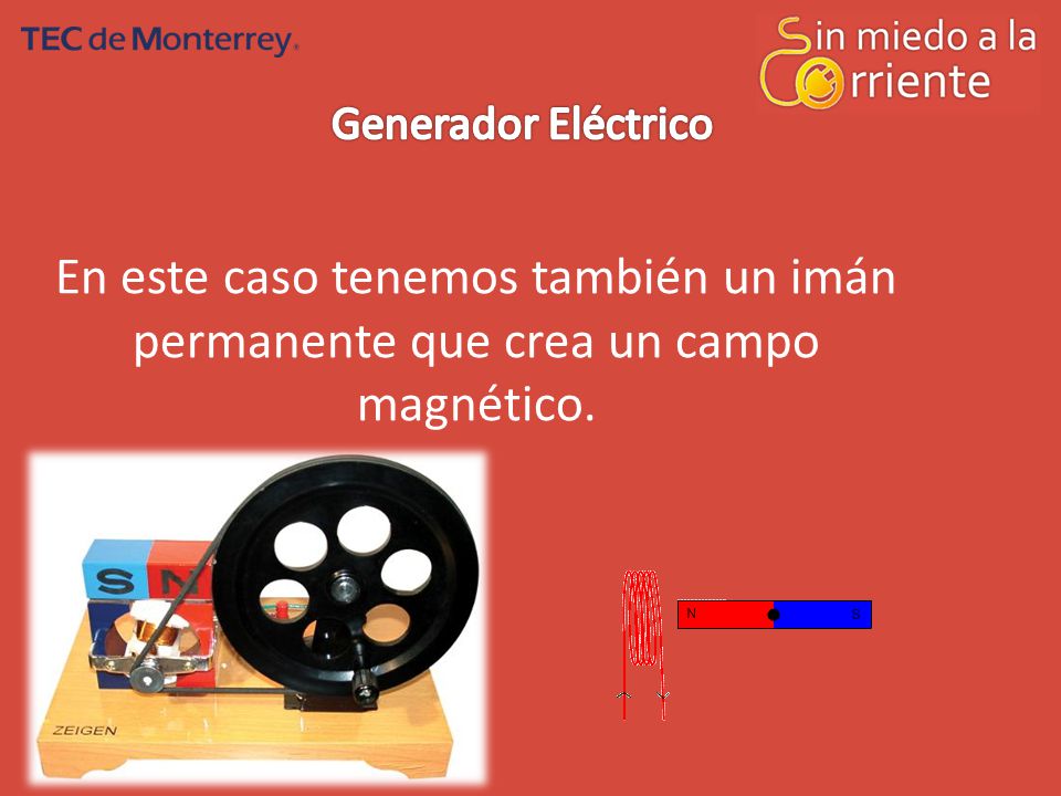Generador Eléctrico En este caso tenemos también un imán permanente que crea un campo magnético.