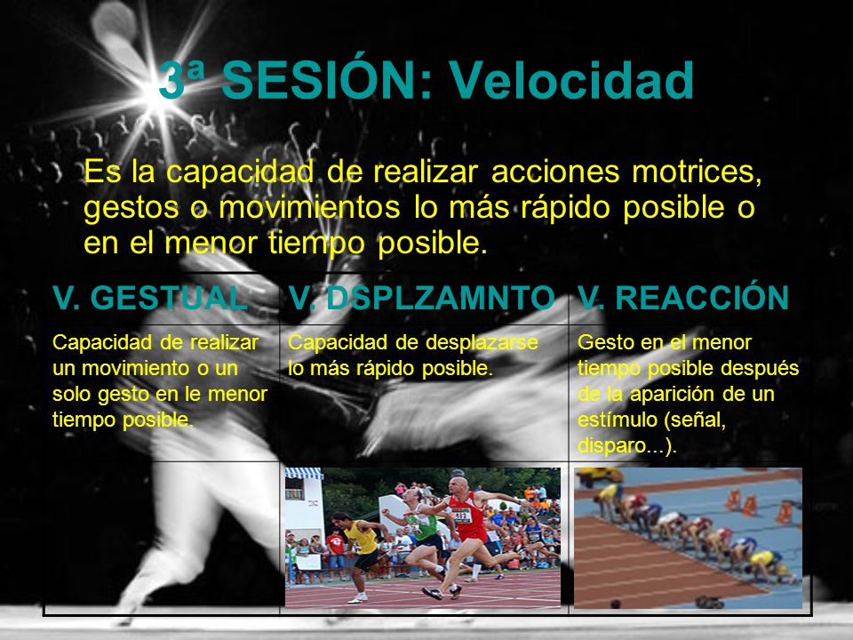 3ª SESIÓN: Velocidad Es la capacidad de realizar acciones motrices, gestos o movimientos lo más rápido posible o en el menor tiempo posible.