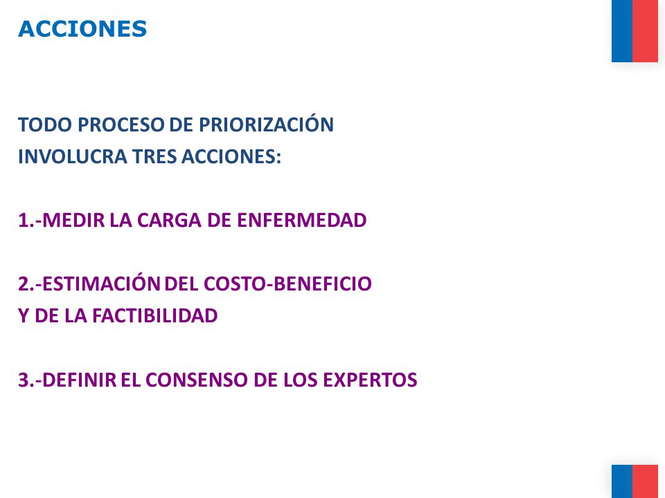 ACCIONES TODO PROCESO DE PRIORIZACIÓN. INVOLUCRA TRES ACCIONES: 1.-MEDIR LA CARGA DE ENFERMEDAD. 2.-ESTIMACIÓN DEL COSTO-BENEFICIO.