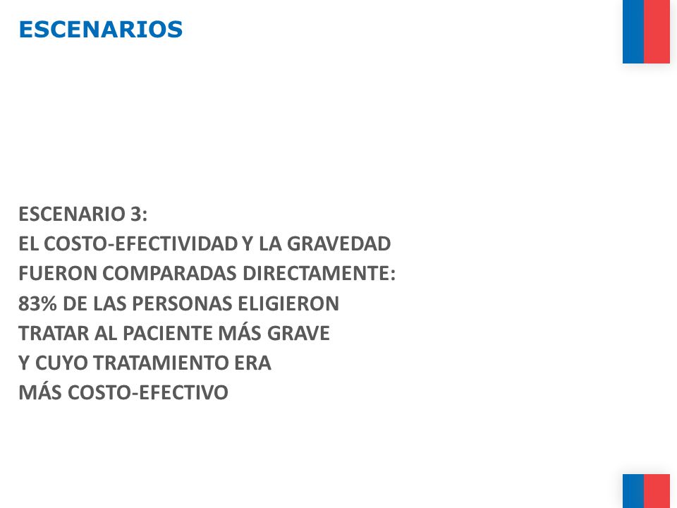 ESCENARIOS ESCENARIO 3: EL COSTO-EFECTIVIDAD Y LA GRAVEDAD. FUERON COMPARADAS DIRECTAMENTE: 83% DE LAS PERSONAS ELIGIERON.
