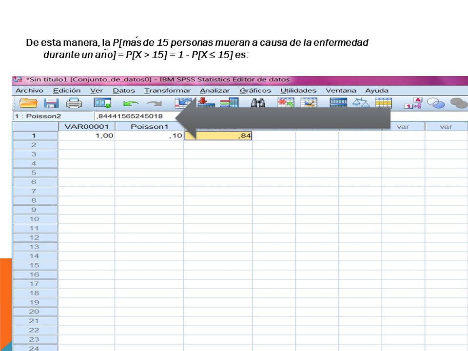 De esta manera, la P[más de 15 personas mueran a causa de la enfermedad durante un año] = P[X > 15] = 1 - P[X ≤ 15] es: