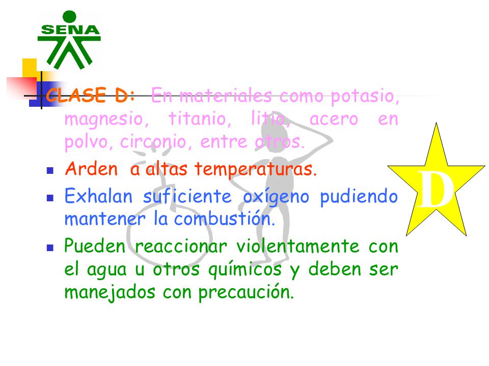 CLASE D: En materiales como potasio, magnesio, titanio, litio, acero en polvo, circonio, entre otros.