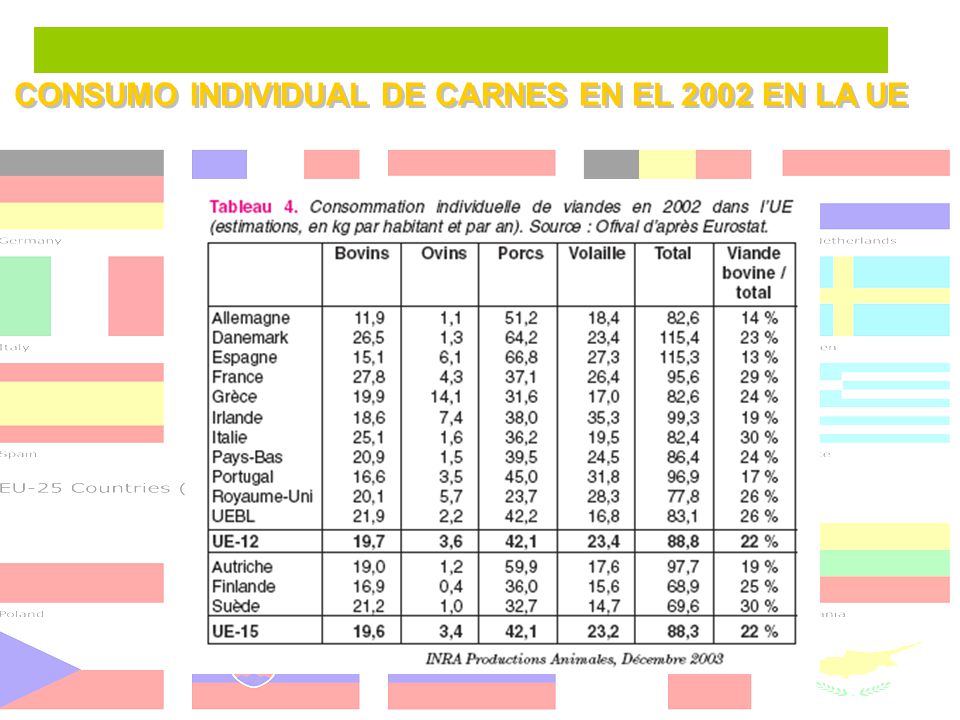 CONSUMO INDIVIDUAL DE CARNES EN EL 2002 EN LA UE
