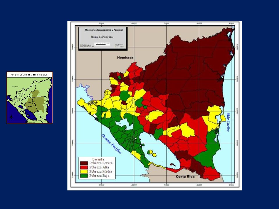 En cuanto a los niveles de pobreza, como se puede observar en el mapa, en el área de estudio (recuadro a la izquierda) se tienen unos de los niveles de pobreza más altos del país (pobreza severa de color café y pobreza alta en rojo), con excepción de un solo municipio (en amarillo, pobreza media)