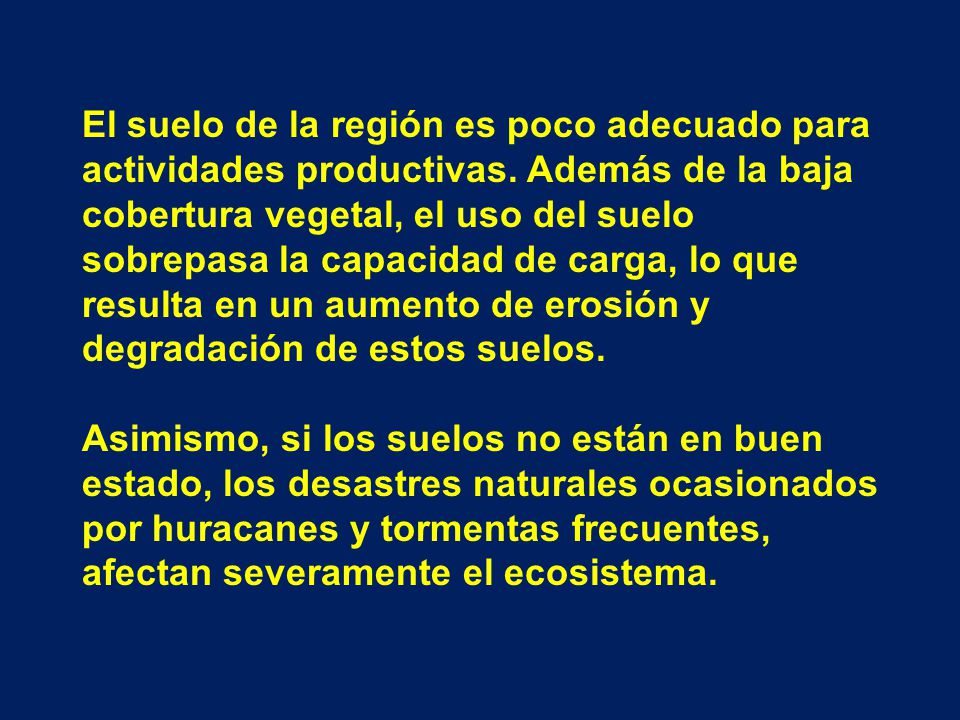 El suelo de la región es poco adecuado para actividades productivas