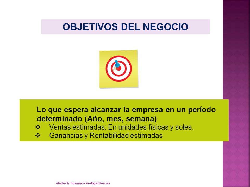 OBJETIVOS DEL NEGOCIO Lo que espera alcanzar la empresa en un período determinado (Año, mes, semana)