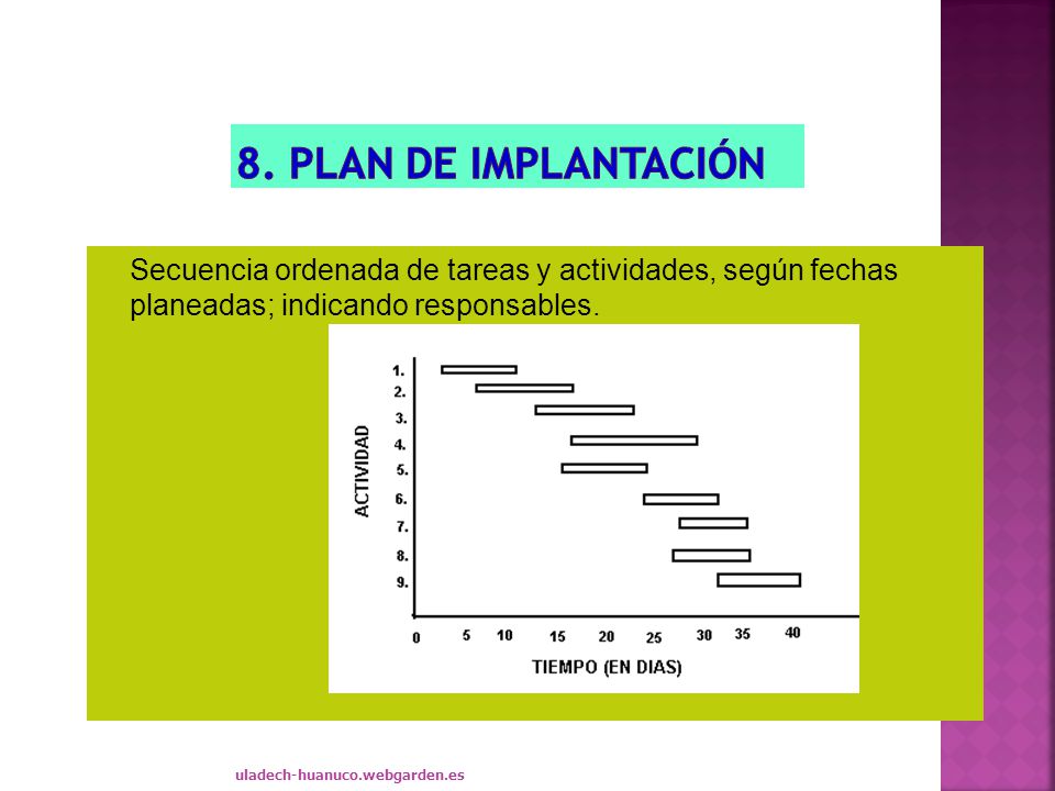 8. Plan de implantación Secuencia ordenada de tareas y actividades, según fechas planeadas; indicando responsables.