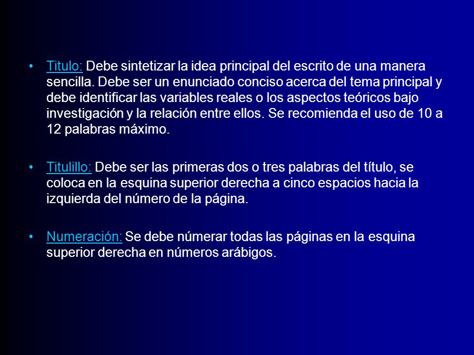 Titulo: Debe sintetizar la idea principal del escrito de una manera sencilla. Debe ser un enunciado conciso acerca del tema principal y debe identificar las variables reales o los aspectos teóricos bajo investigación y la relación entre ellos. Se recomienda el uso de 10 a 12 palabras máximo.
