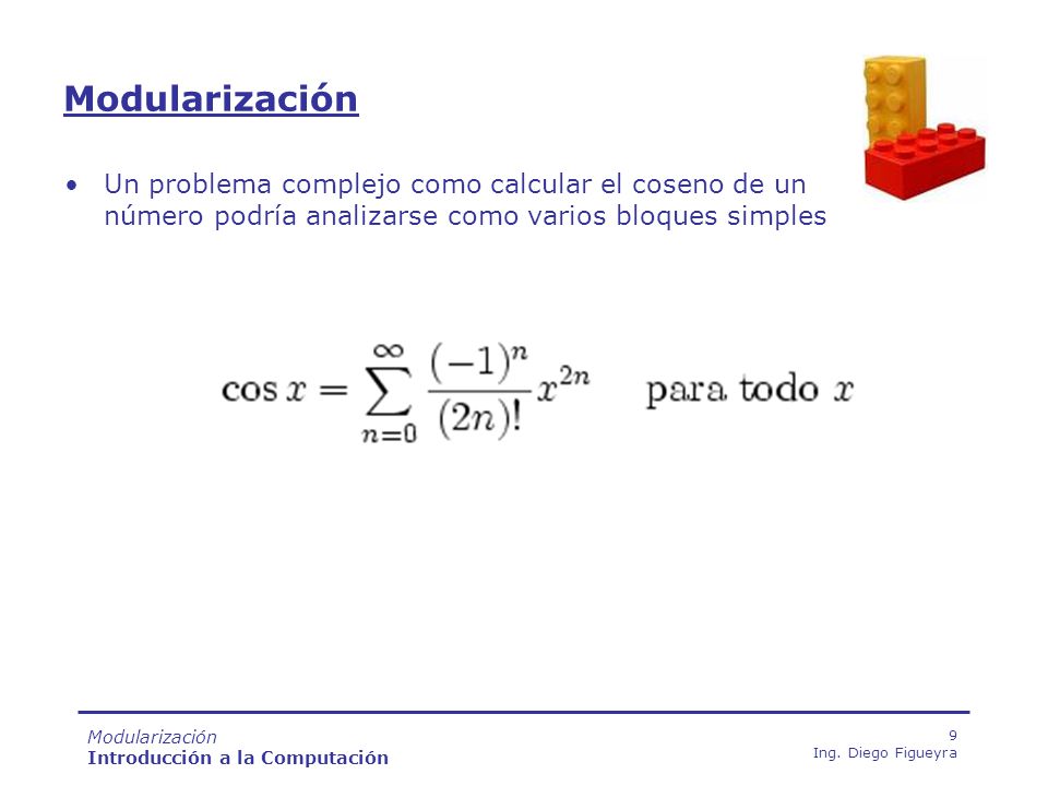 Modularización Un problema complejo como calcular el coseno de un número podría analizarse como varios bloques simples.