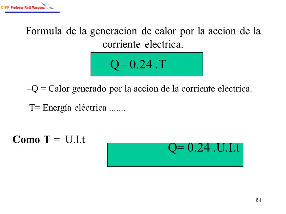 Formula de la generacion de calor por la accion de la corriente electrica.