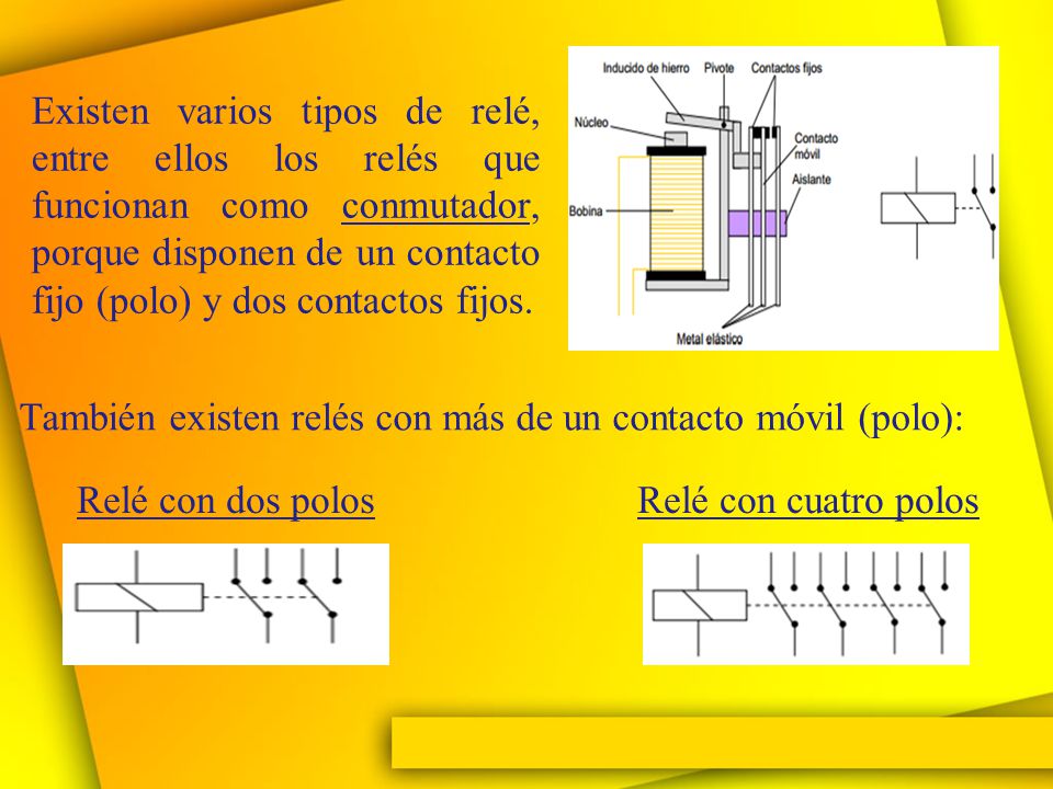 Existen varios tipos de relé, entre ellos los relés que funcionan como conmutador, porque disponen de un contacto fijo (polo) y dos contactos fijos.