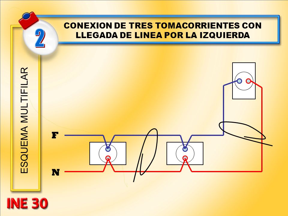CONEXION DE TRES TOMACORRIENTES CON LLEGADA DE LINEA POR LA IZQUIERDA