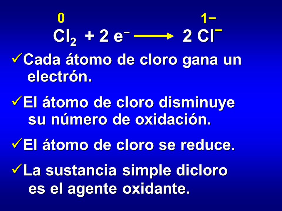 Cl2 + 2 e− 2 Cl− Cada átomo de cloro gana un electrón.