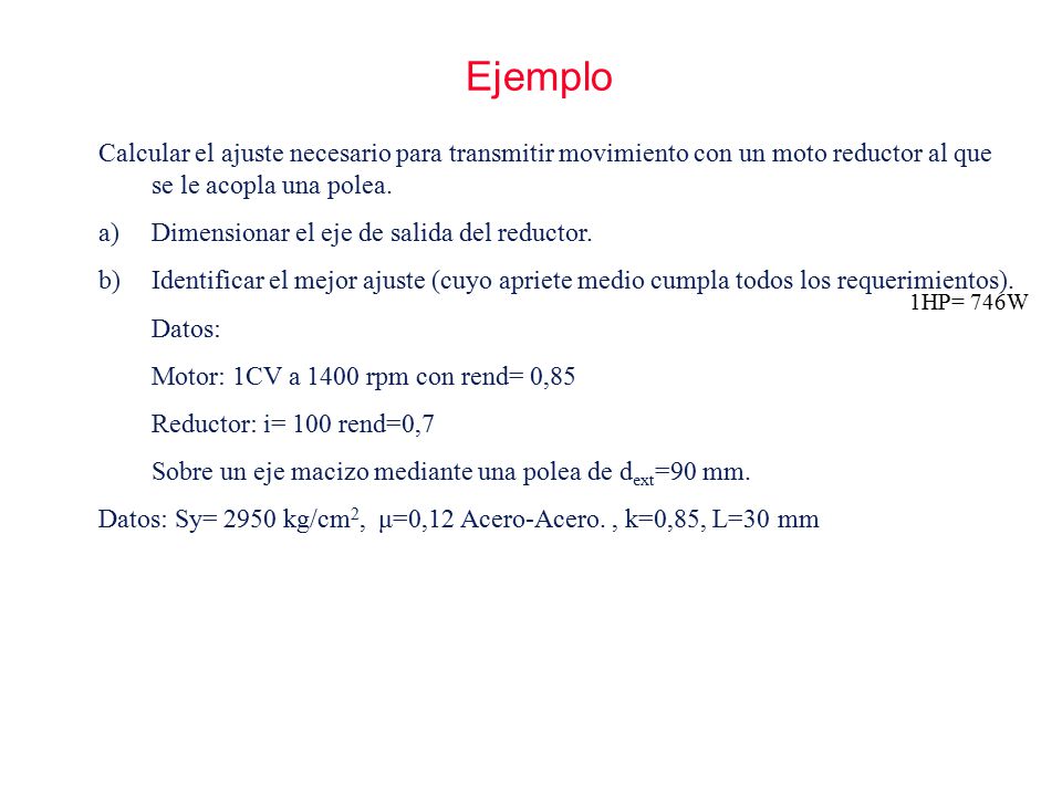 Ejemplo Calcular el ajuste necesario para transmitir movimiento con un moto reductor al que se le acopla una polea.