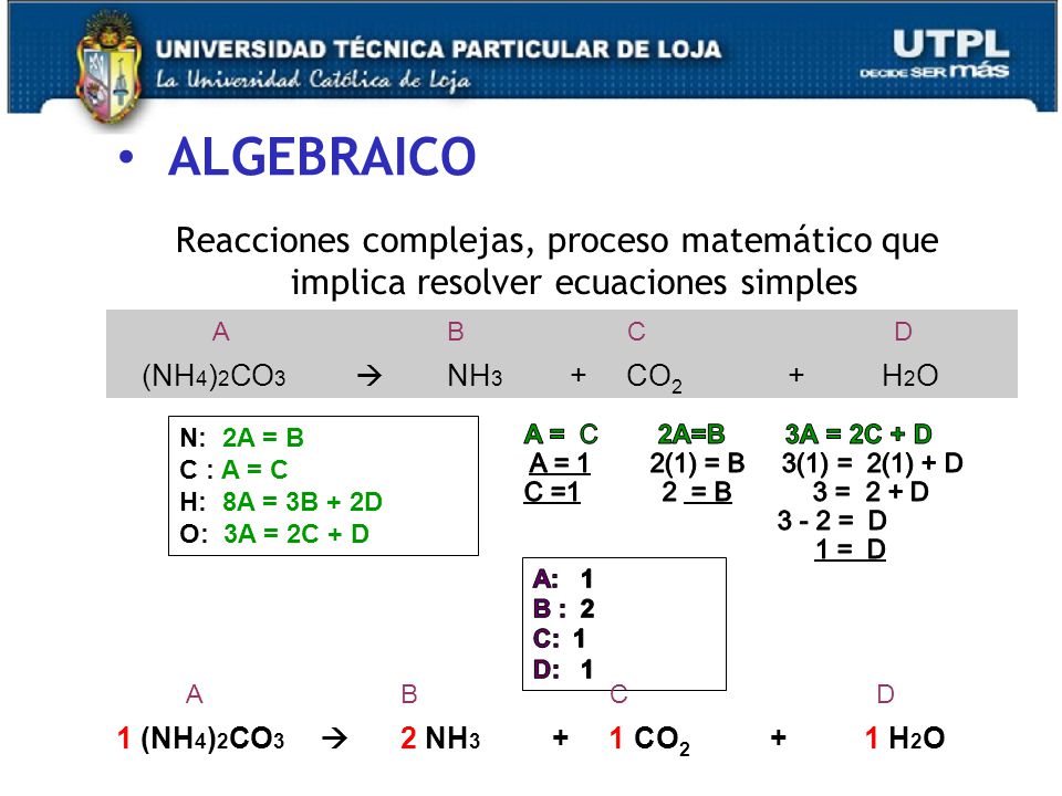 ALGEBRAICO Reacciones complejas, proceso matemático que implica resolver ecuaciones simples. A. B.