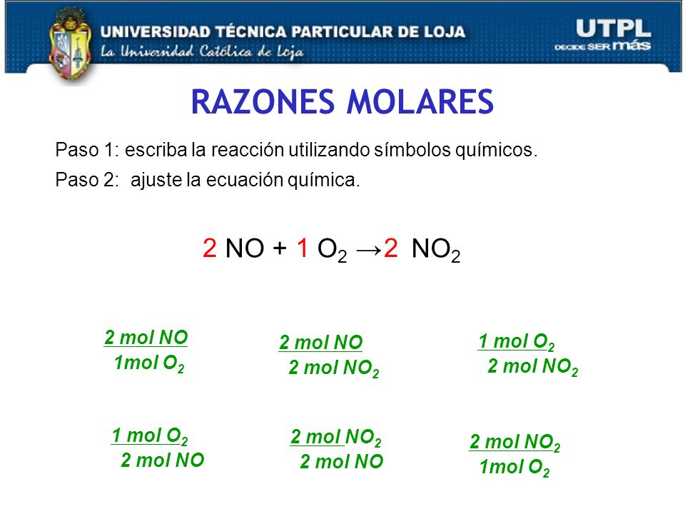 RAZONES MOLARES 2 NO + O2 → NO2 1 2