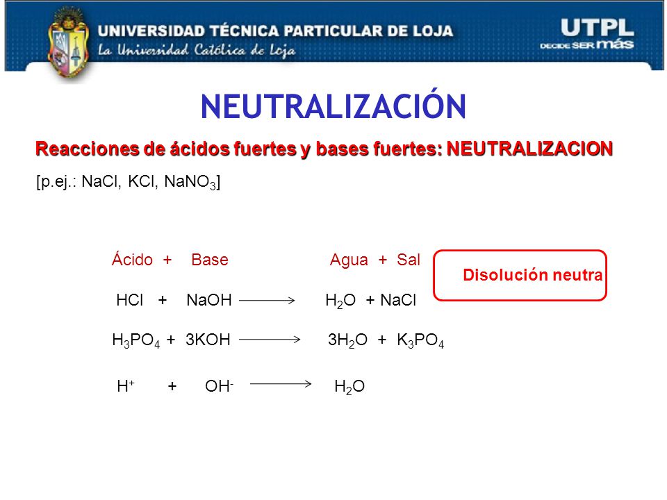 NEUTRALIZACIÓN Reacciones de ácidos fuertes y bases fuertes: NEUTRALIZACION. [p.ej.: NaCl, KCl, NaNO3]