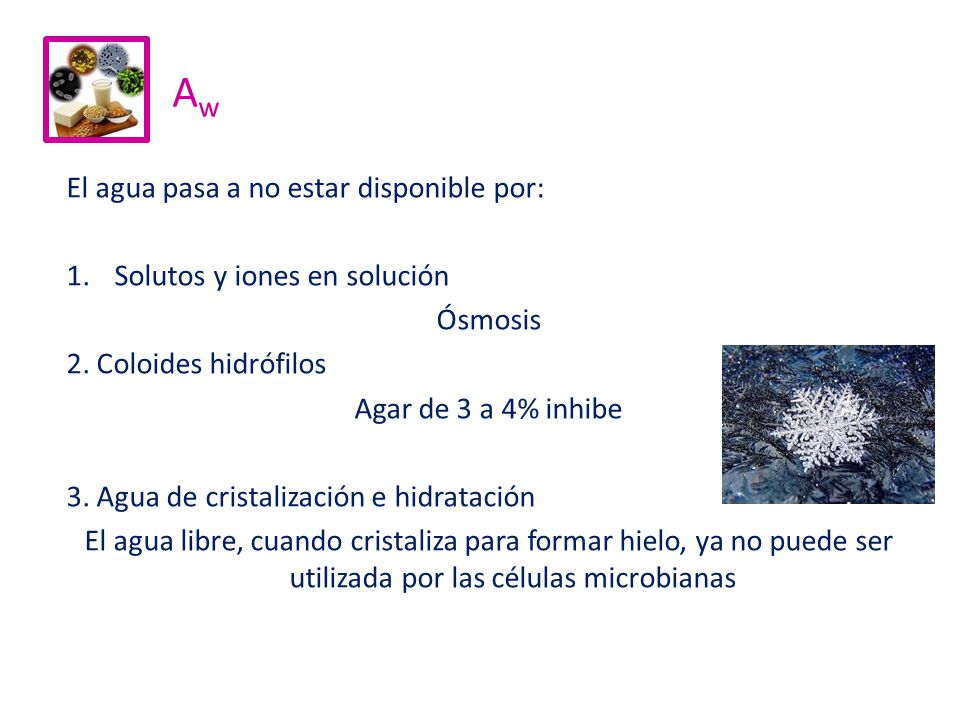Aw El agua pasa a no estar disponible por: Solutos y iones en solución