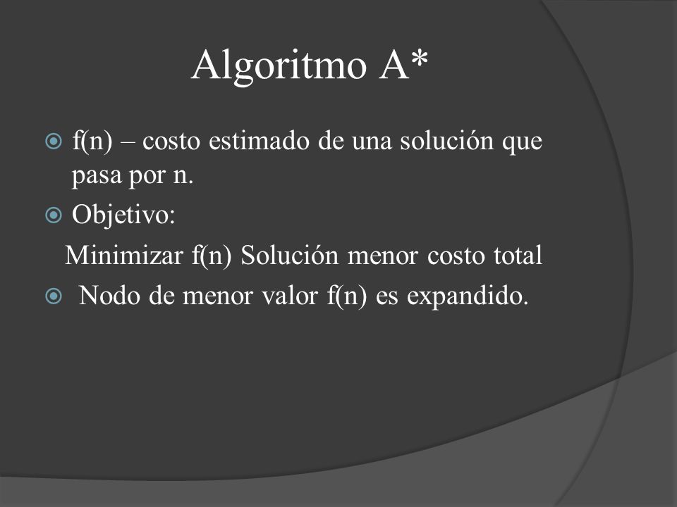 Algoritmo A* f(n) – costo estimado de una solución que pasa por n.