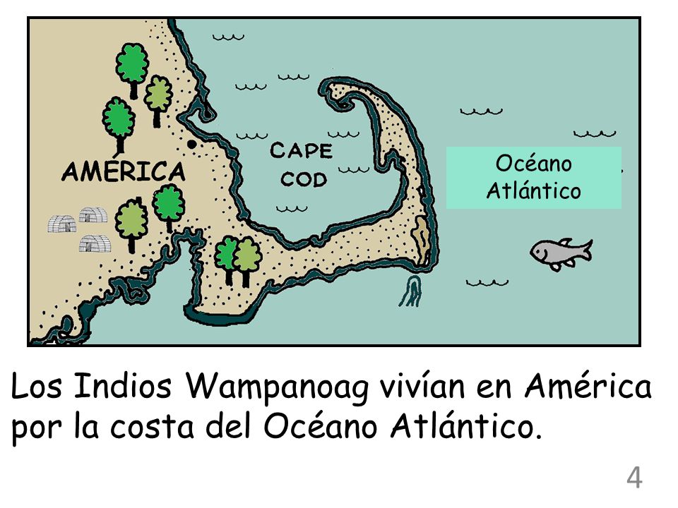 Océano Atlántico Los Indios Wampanoag vivían en América por la costa del Océano Atlántico.