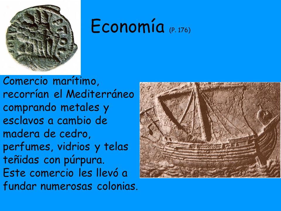 Economía (P. 176) Comercio marítimo, recorrían el Mediterráneo comprando metales y esclavos a cambio de.