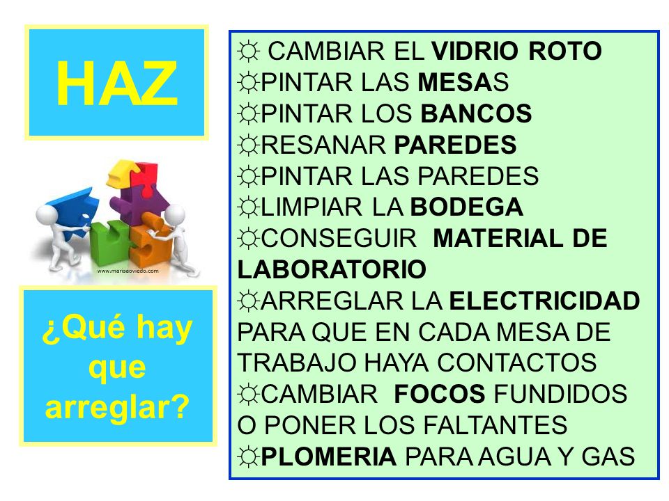 HAZ ¿Qué hay que arreglar CAMBIAR EL VIDRIO ROTO PINTAR LAS MESAS
