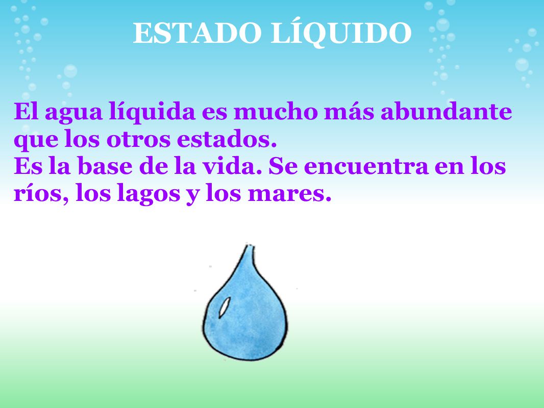 ESTADO LÍQUIDO El agua líquida es mucho más abundante que los otros estados.