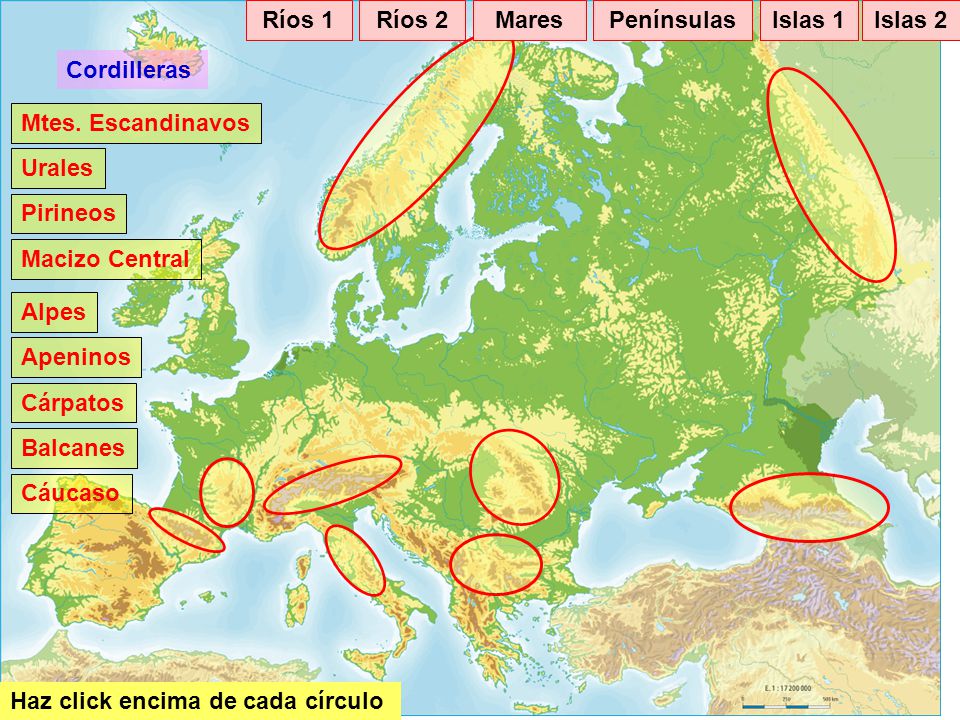 Ríos 1 Ríos 2. Mares. Penínsulas. Islas 1. Islas 2. Cordilleras. Mtes. Escandinavos. Urales.
