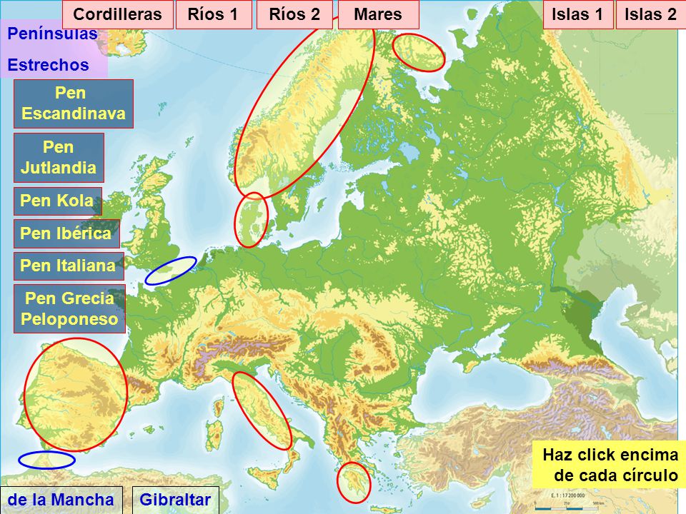 Cordilleras Ríos 1. Ríos 2. Mares. Islas 1. Islas 2. Penínsulas. Estrechos. Pen. Escandinava.