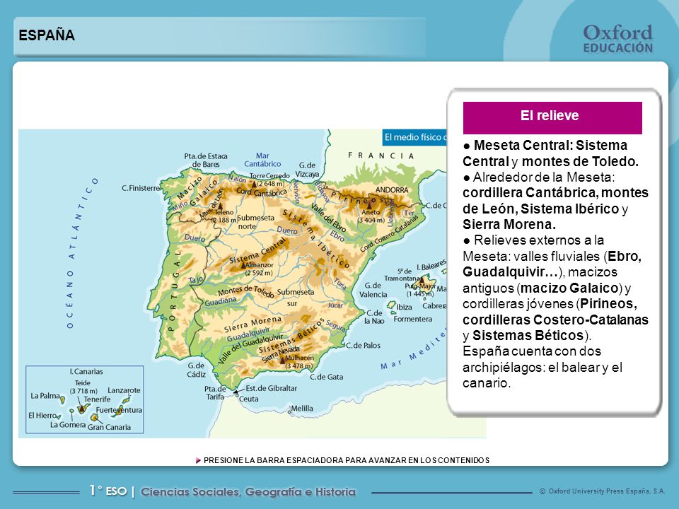 ESPAÑA El relieve. ● Meseta Central: Sistema Central y montes de Toledo.
