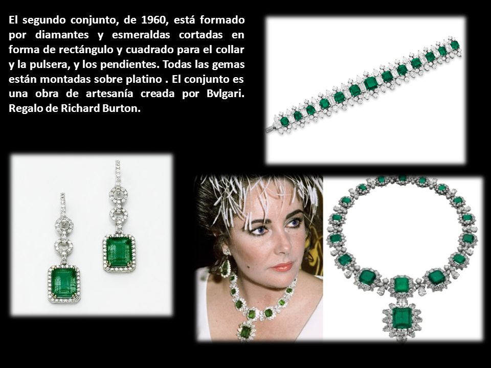 El segundo conjunto, de 1960, está formado por diamantes y esmeraldas cortadas en forma de rectángulo y cuadrado para el collar y la pulsera, y los pendientes.