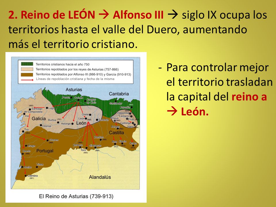 2. Reino de LEÓN  Alfonso III  siglo IX ocupa los territorios hasta el valle del Duero, aumentando más el territorio cristiano.