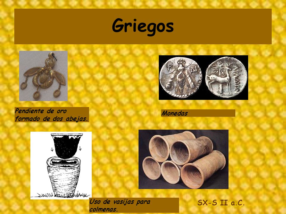 Griegos SX-S II a.C. Pendiente de oro formado de dos abejas. Monedas