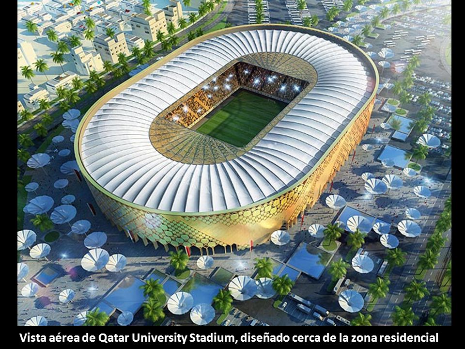 Vista aérea de Qatar University Stadium, diseñado cerca de la zona residencial