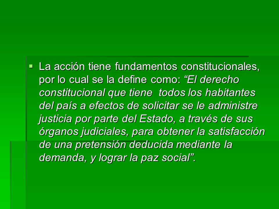 La acción tiene fundamentos constitucionales, por lo cual se la define como: El derecho constitucional que tiene todos los habitantes del país a efectos de solicitar se le administre justicia por parte del Estado, a través de sus órganos judiciales, para obtener la satisfacción de una pretensión deducida mediante la demanda, y lograr la paz social .
