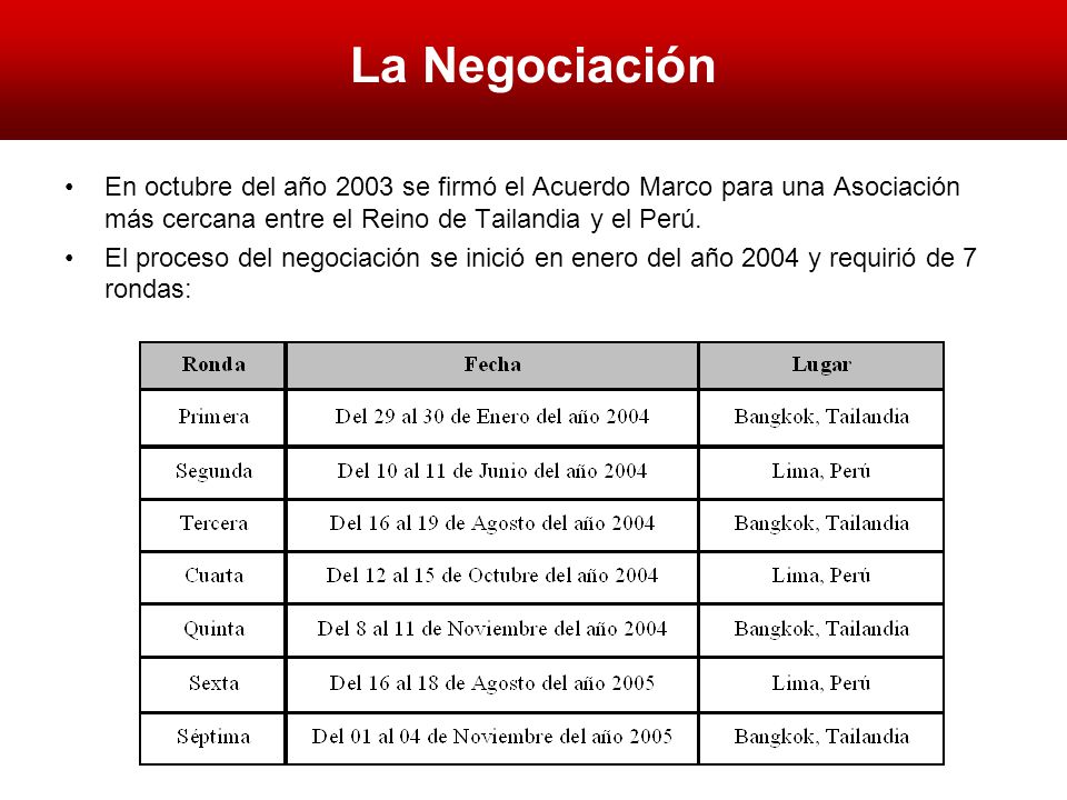 La Negociación En octubre del año 2003 se firmó el Acuerdo Marco para una Asociación más cercana entre el Reino de Tailandia y el Perú.