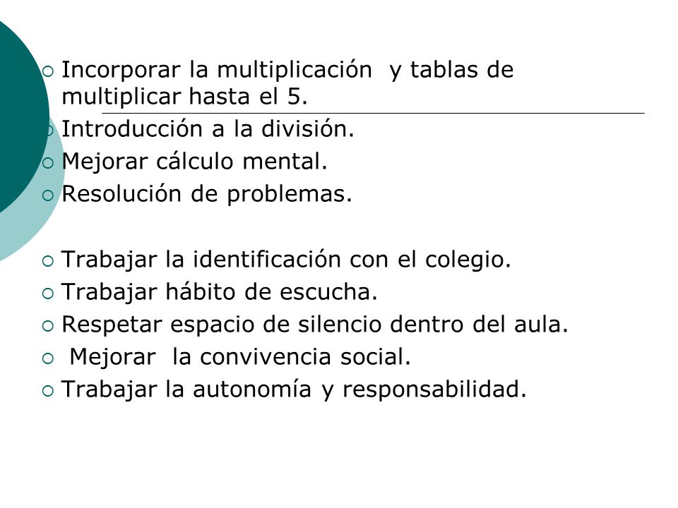 Incorporar la multiplicación y tablas de multiplicar hasta el 5.
